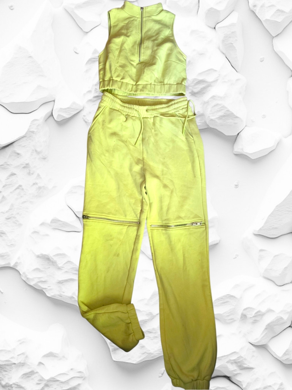 Fashion Nova Neon Yellow Zip-Front Crop Top & Jogger Set